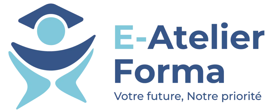 Logo du centre de formation "E-Atelier Forma" situé à Saint-Étienne. Le logo combine une figure stylisée avec un chapeau académique en bleu, représentant la formation et le savoir, accompagnée du nom "E-Atelier Forma" écrit en lettres modernes dégradées de bleu clair et foncé et le slogan "Votre future, Notre priorité".