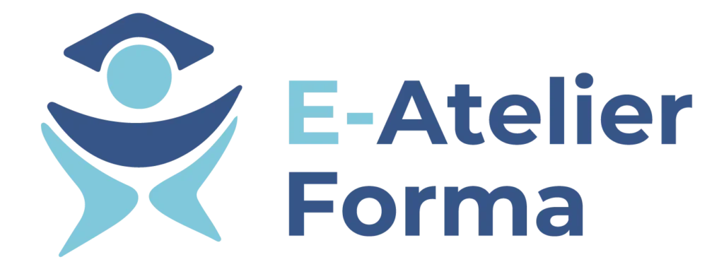 Logo du centre de formation "E-Atelier Forma" situé à Saint-Étienne. Le logo combine une figure stylisée avec un chapeau académique en bleu, représentant la formation et le savoir, accompagnée du nom "E-Atelier Forma" écrit en lettres modernes dégradées de bleu clair et foncé.