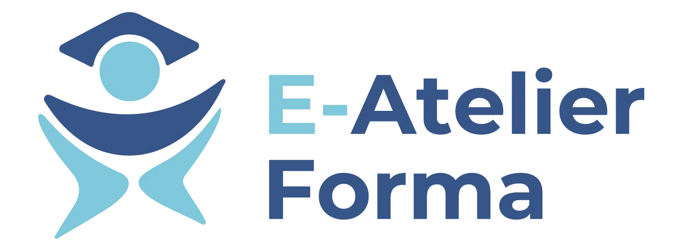 Logo du centre de formation "E-Atelier Forma" situé à Saint-Étienne. Le logo combine une figure stylisée avec un chapeau académique en bleu, représentant la formation et le savoir, accompagnée du nom "E-Atelier Forma" écrit en lettres modernes dégradées de bleu clair et foncé.